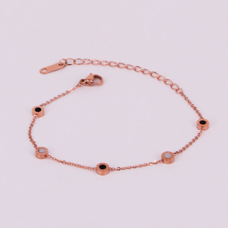 JeeMango Titanium Steel Bohemia Shell & Acrylic Chain Link Bracelets For Women Girl Trendy Roman Numerals Charm Bracelet JB20027