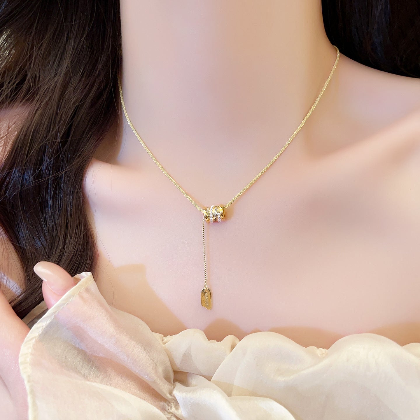 Golden Petite Waist Zircon Pearl Tassel Necklace For Women
