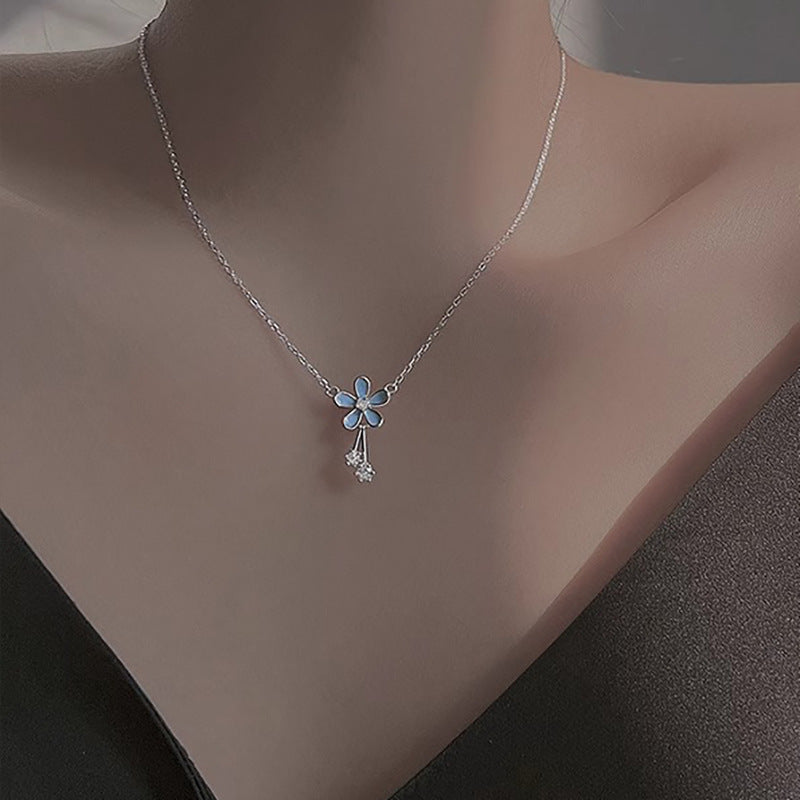 Blue Flower Necklace With Zircon Tassel Pendant For Women