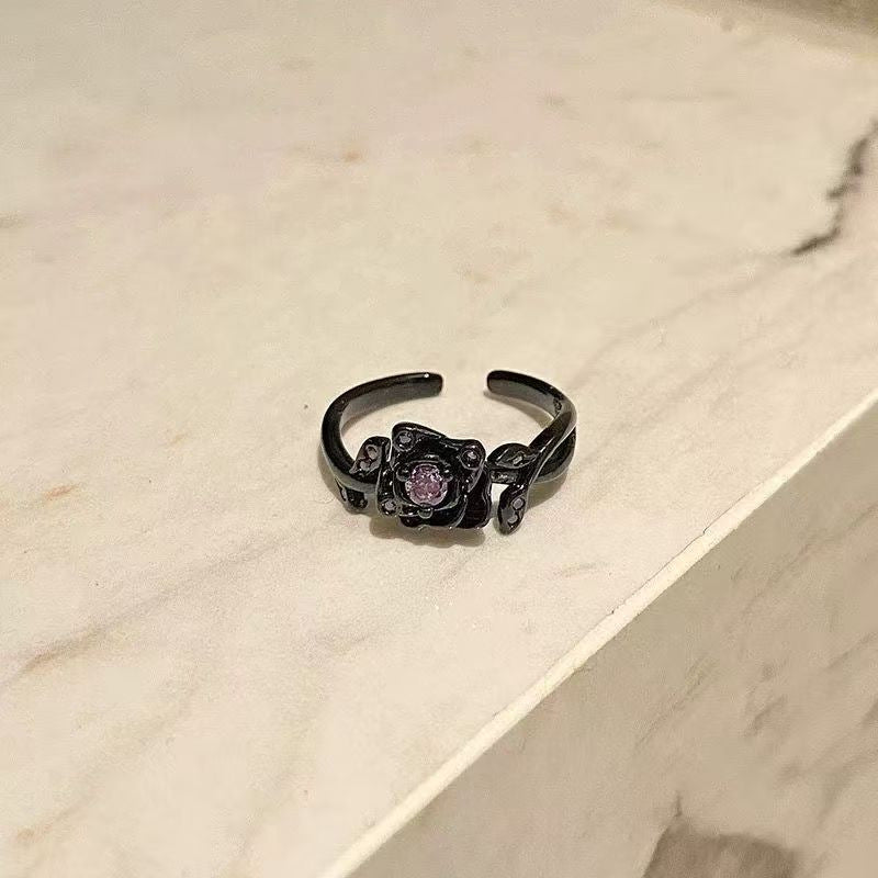 Gothic Black Rose Open Ring With Purple Zircon, Dark Romantic Adjustable Stackable Ring For Women