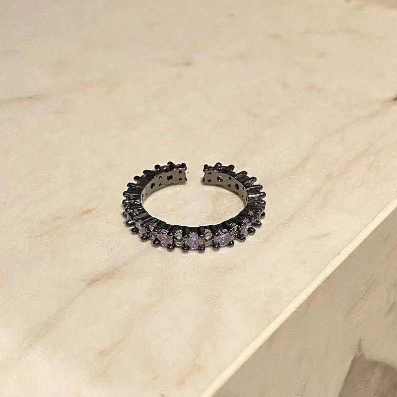 Gothic Black Rose Open Ring With Purple Zircon, Dark Romantic Adjustable Stackable Ring For Women