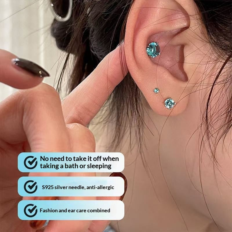 Titanium Steel Blue Zircon Four-Claw Threaded Earrings