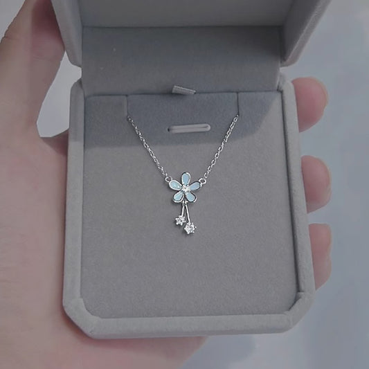 Blue Flower Necklace With Zircon Tassel Pendant For Women