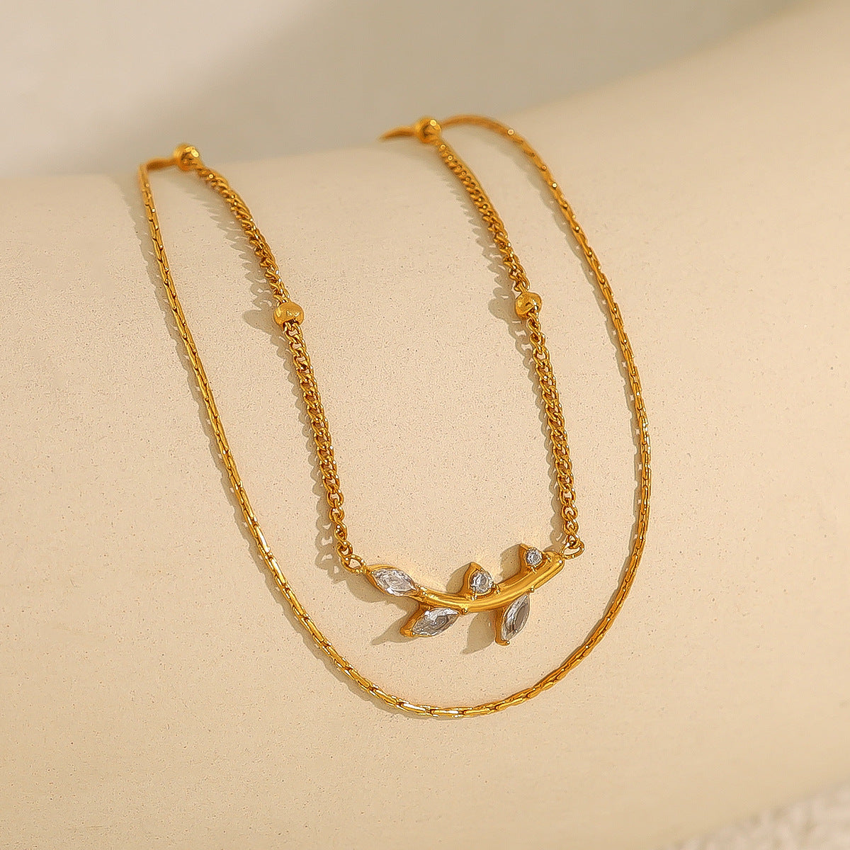 Olive Leaf Pendant Double-Tier Diamond-Encrusted Light-Luxury Clavicle Chain For Women